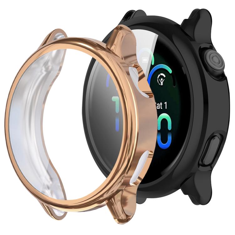 Rose gold full-cover watch case with clear screen protector, shown beside a smartwatch