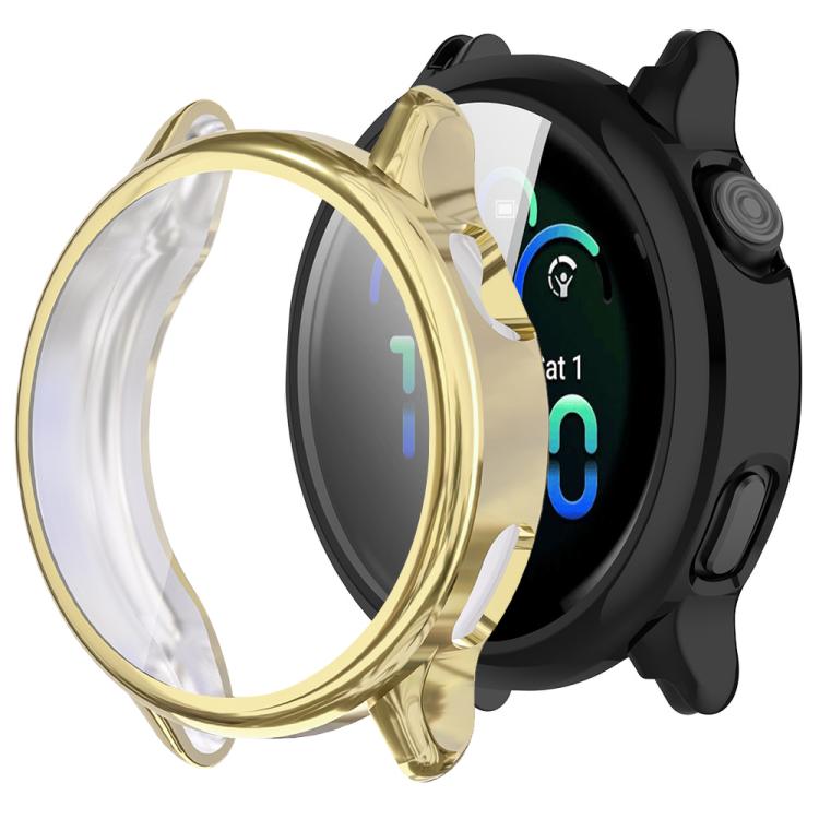 Gold full-cover watch case with clear screen protector, shown beside a smartwatch