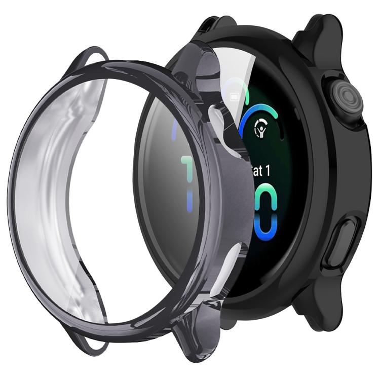 Gunmetal TPU watch cover shown beside a black smartwatch