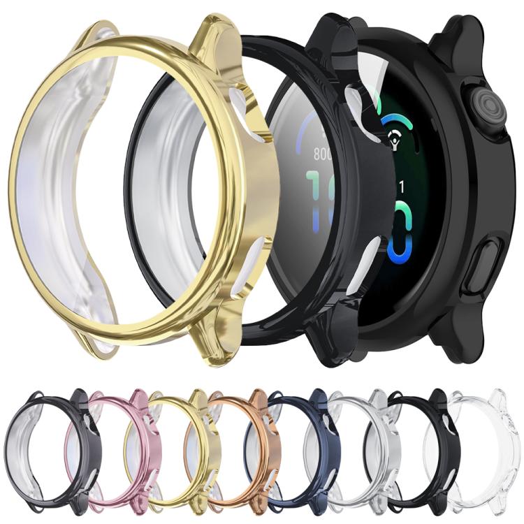 Full-cover watch cases in gold and black, with clear screen protectors and color options below