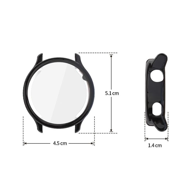 Black full-cover watch case with clear screen protector, shown from front and side with dimensions