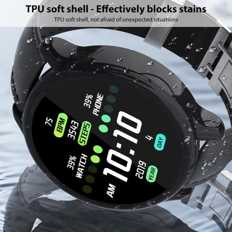 Black TPU watch cover on a smartwatch, shown with water droplets