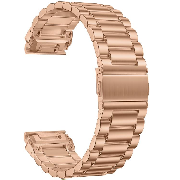 Rose gold stainless steel watch band with folding clasp and three-row links
