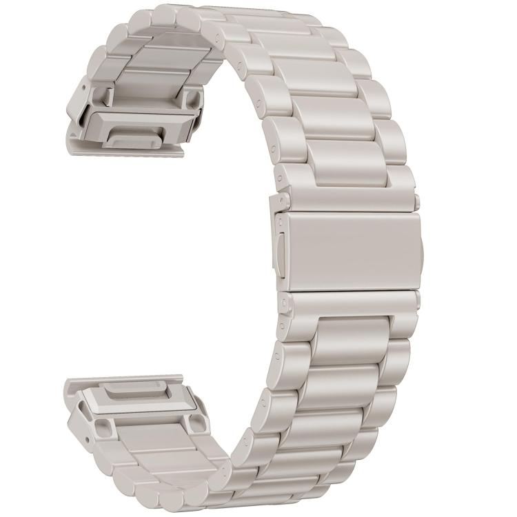 Pale silver stainless steel watch band with folding clasp and three-row links