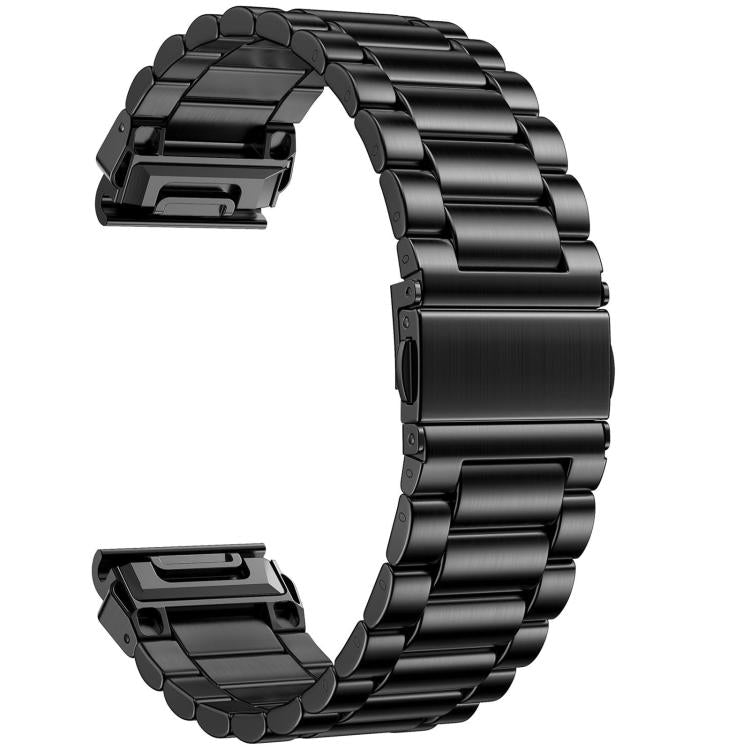 Black stainless steel watch band with linked rows and folding clasp