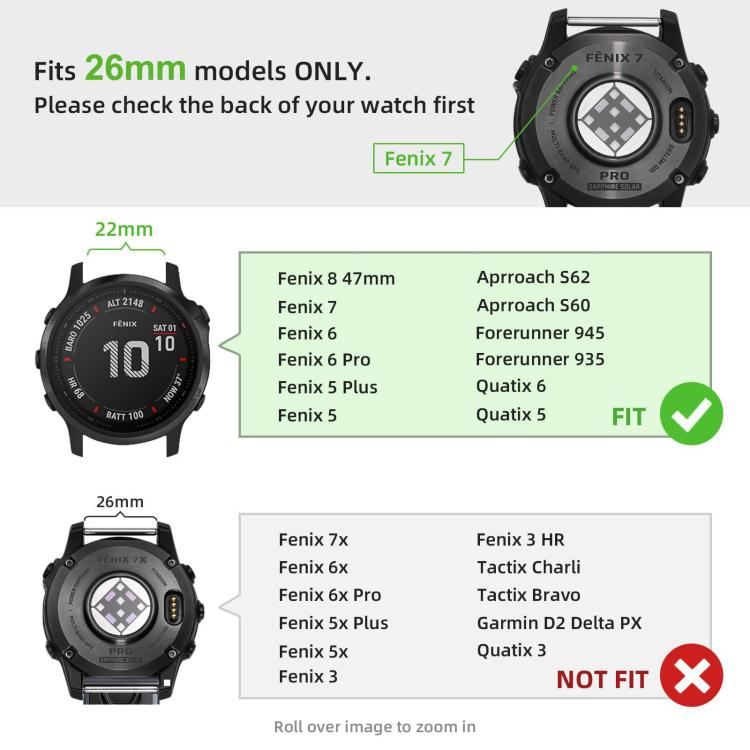 Garmin watch band fit guide comparing compatible 22mm and 26mm watch models