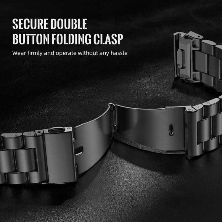 Black stainless steel watch band opened to show its double-button folding clasp