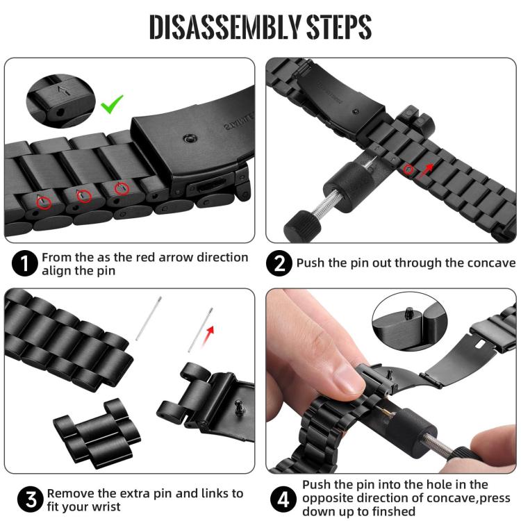 Black stainless steel watch band link adjustment steps with a pin tool