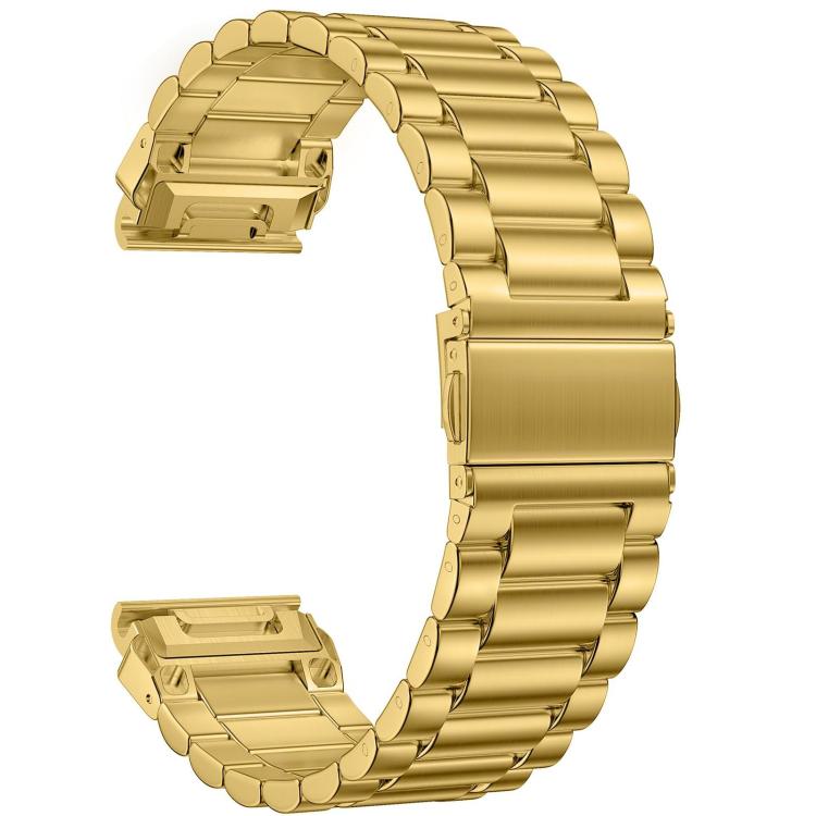 Gold stainless steel watch band with linked rows and folding clasp