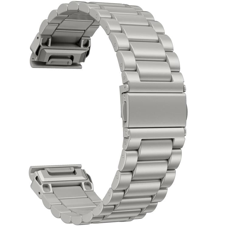 Light gray stainless steel watch band with linked rows and folding clasp