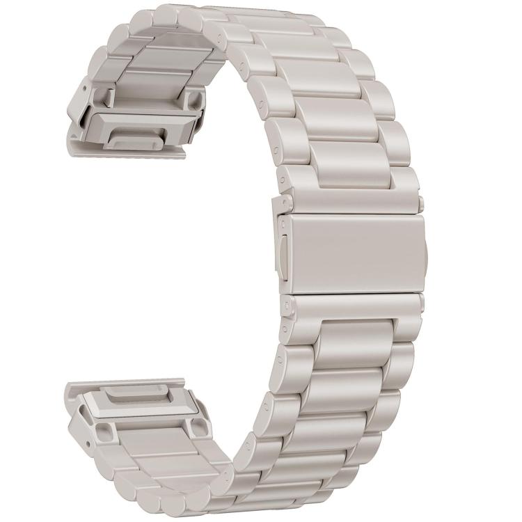 Stainless steel watch band in a pale champagne finish with linked rows and folding clasp