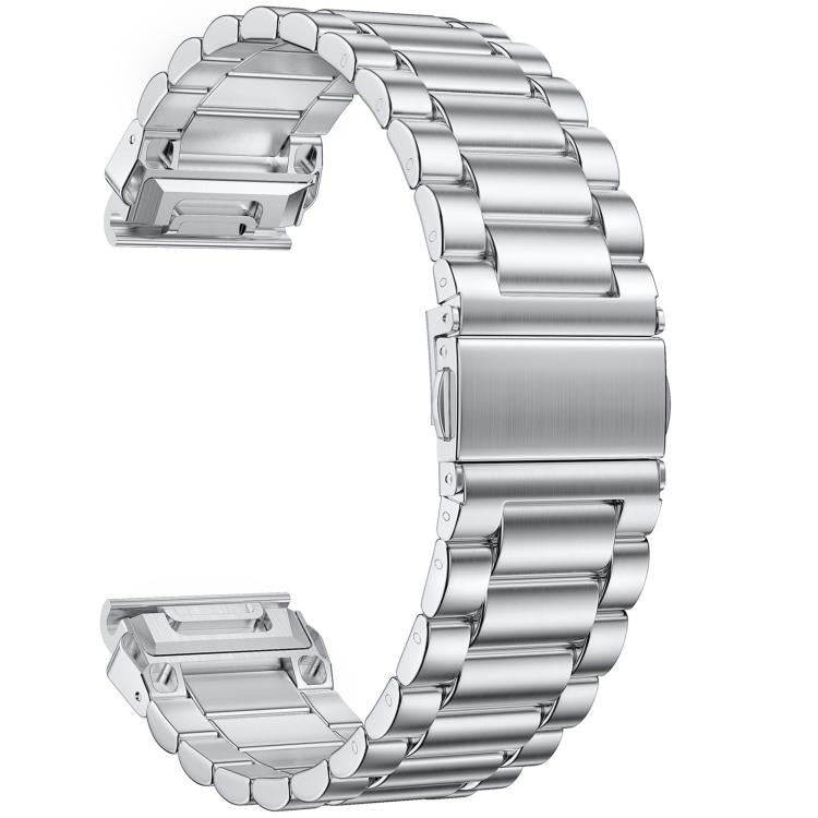 Silver stainless steel watch band with linked rows and folding clasp
