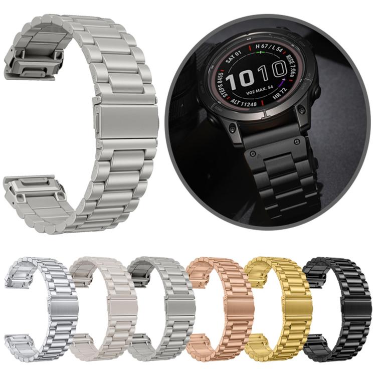 Stainless steel watch band shown on a watch and in six color options