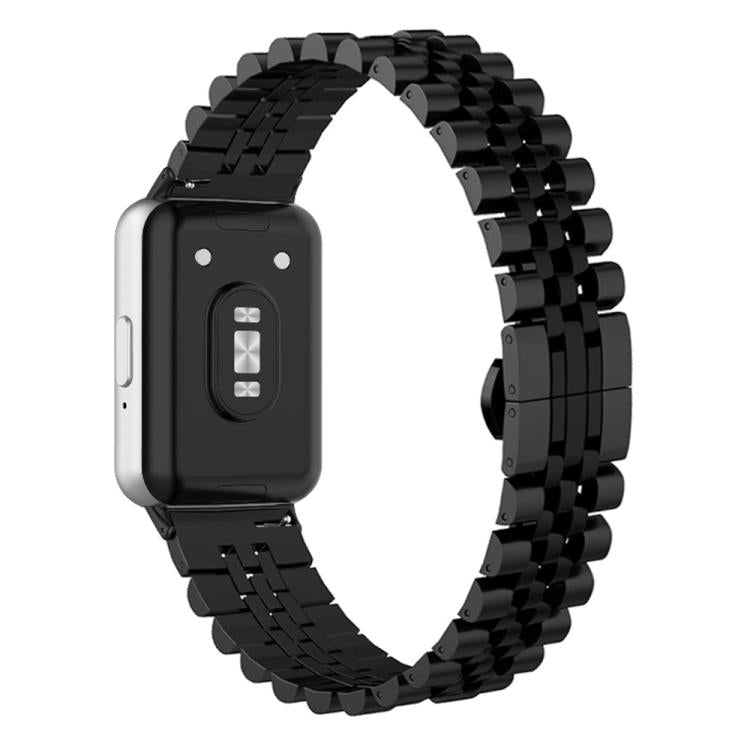 Black stainless steel watch band attached to a smartwatch