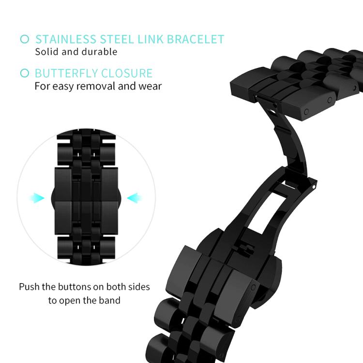 Black stainless steel watch band with an open butterfly clasp