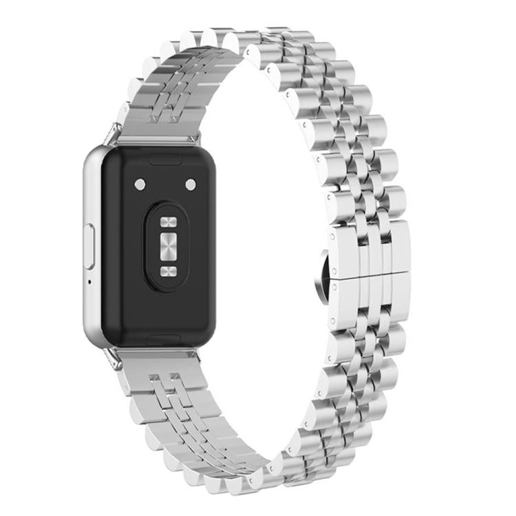 Silver stainless steel watch band attached to a smartwatch