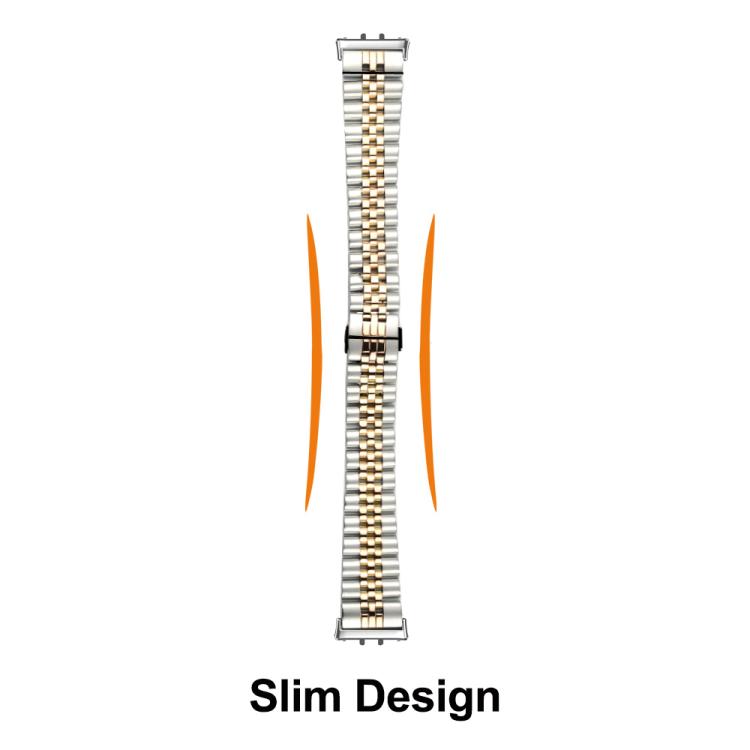 Slim silver and gold stainless steel watch band shown lengthwise