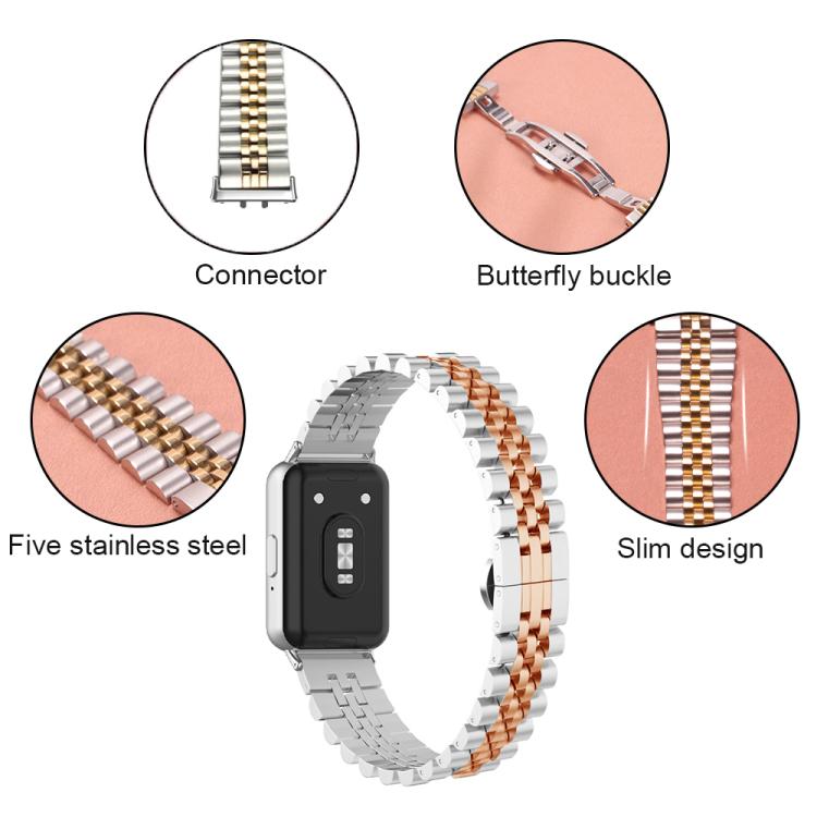Silver and gold stainless steel watch band with connector and butterfly buckle details