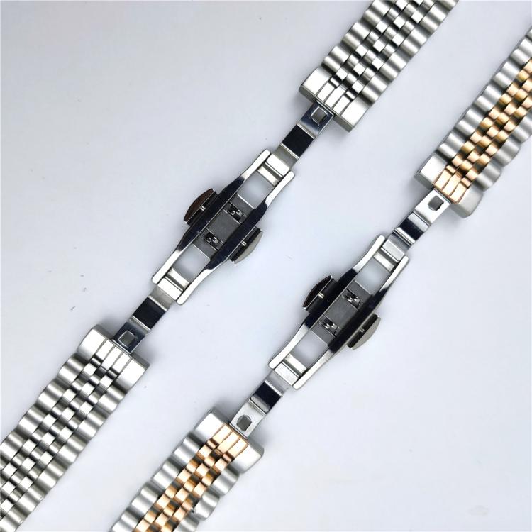 Stainless steel watch bands with butterfly clasps in silver and two-tone finishes