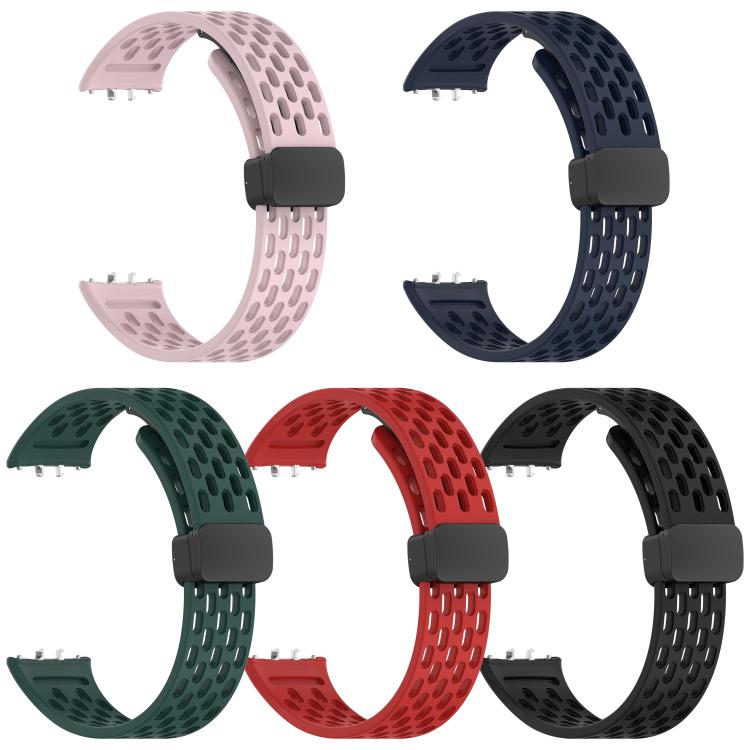 Five perforated silicone watch bands with black magnetic buckles in assorted colors
