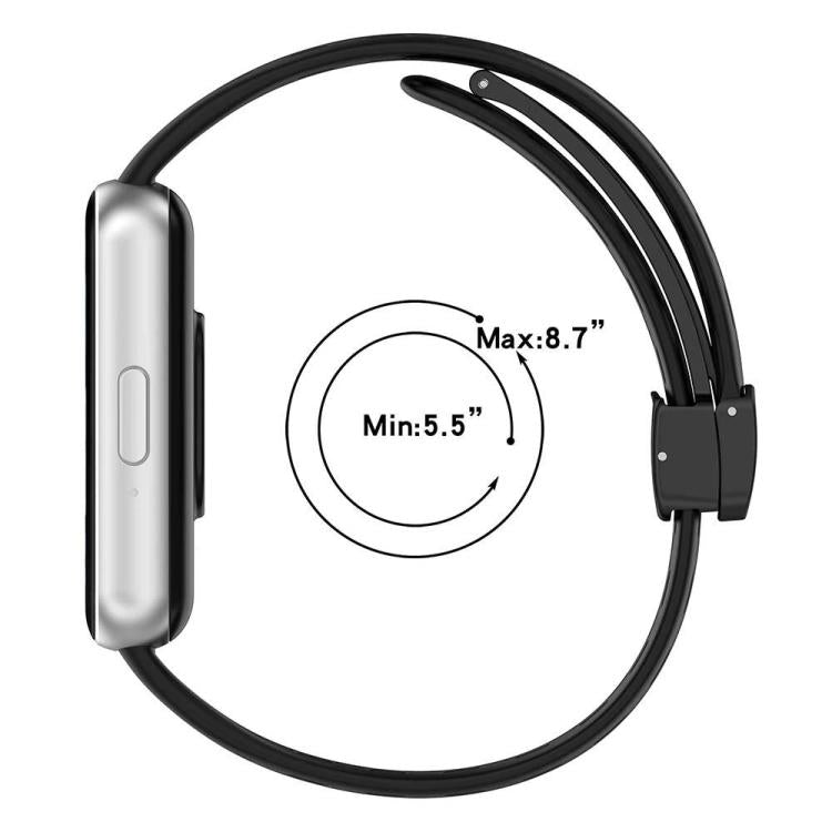 Black silicone watch band shown with a wrist-size range of 5.5 to 8.7 inches