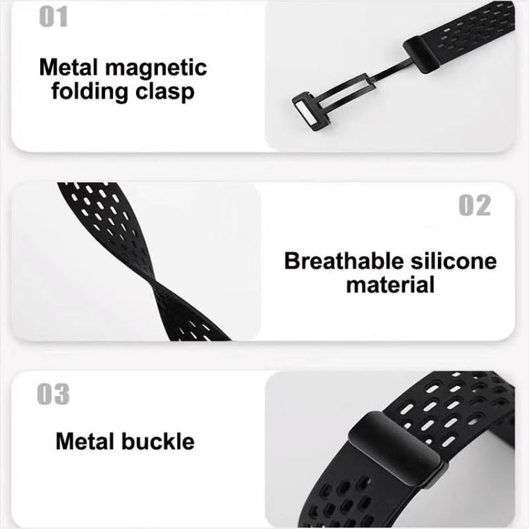 Black perforated silicone watch band detail showing its metal folding clasp and buckle