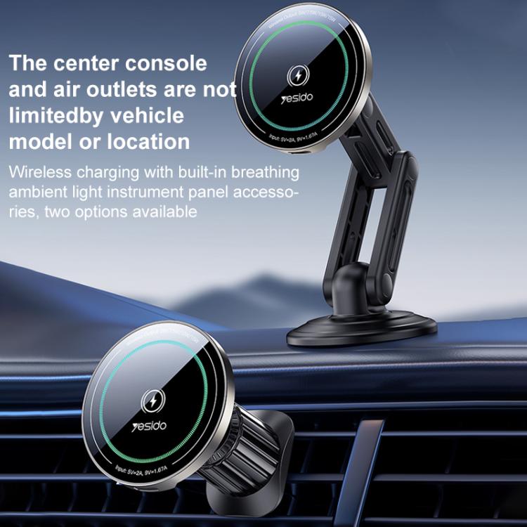 Black magnetic wireless car charger holder with glowing ring charging pad and vent clip