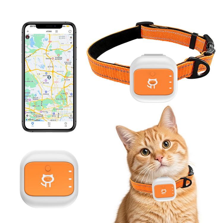 GPS pet anti-loss collar tracker with orange fabric strap and white GPS module.
