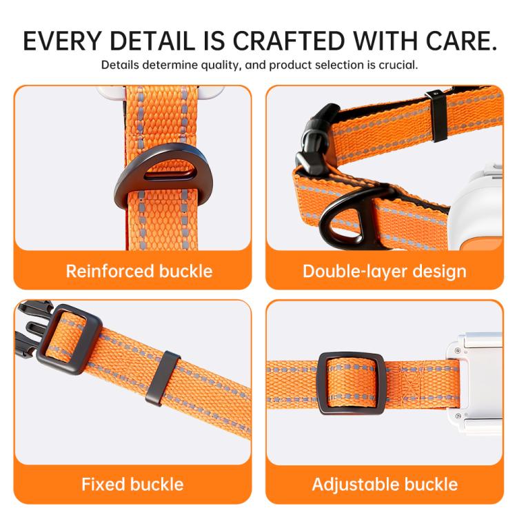 Orange adjustable pet collar strap with reinforced buckle and white GPS tracker module.