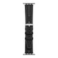 Black vegan leather watch band with white stitching, adjustment holes and silver buckle