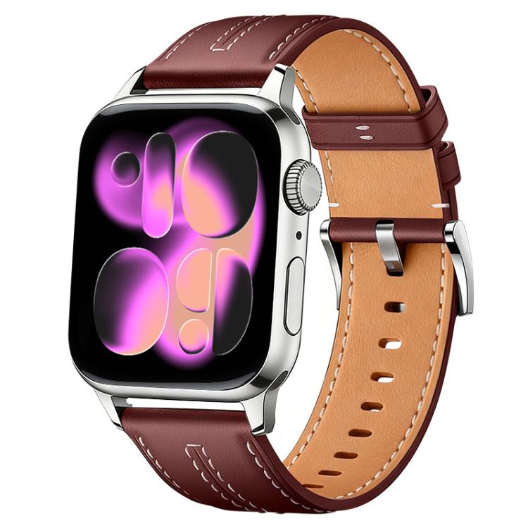 Wine red and tan vegan leather watch band with stitched edges and silver buckle