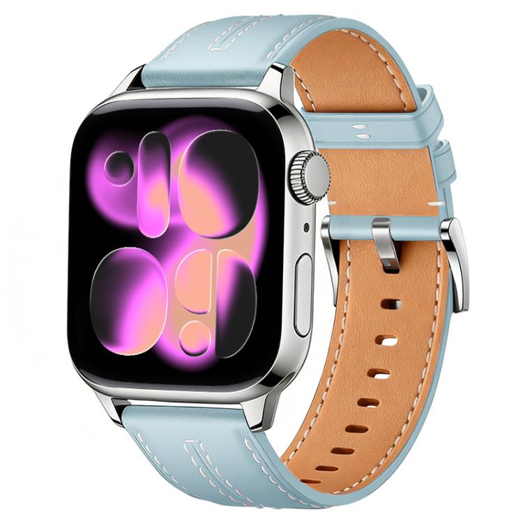 Light blue and tan vegan leather watch band with stitched edges and silver buckle