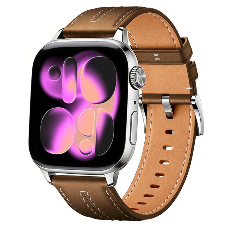 Brown and tan vegan leather watch band with stitched edges and silver buckle, shown on a watch