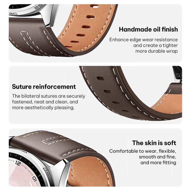 Brown vegan leather watch band with tan lining and reinforced edge stitching