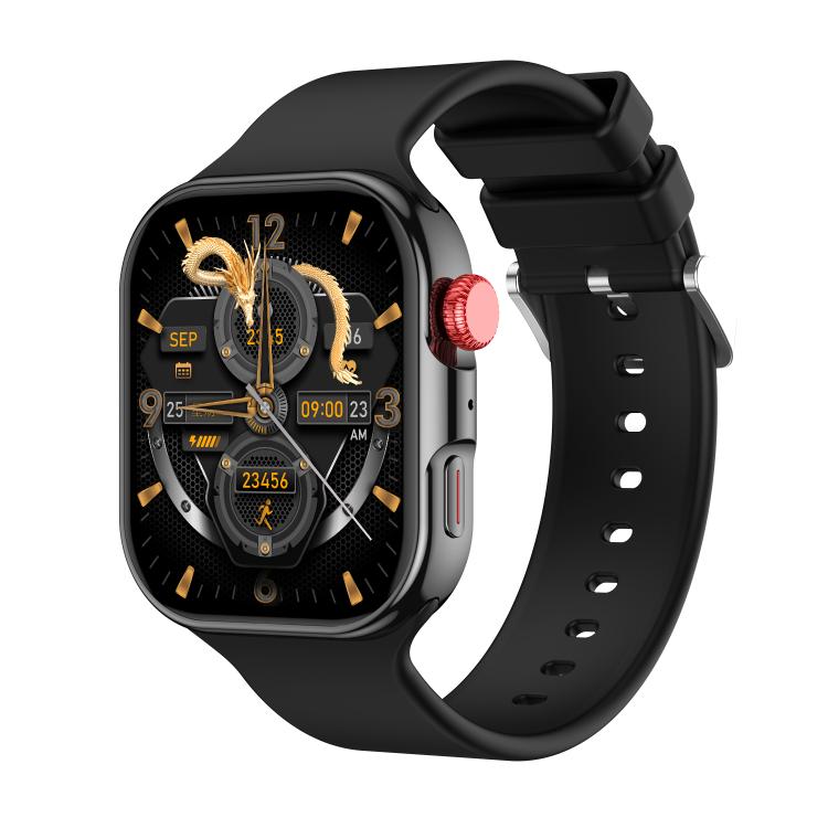 Black smartwatch with gold-accented analog-style dial and red side crown