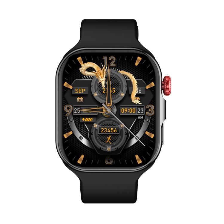 Front view of black smartwatch with gold-accented watch face