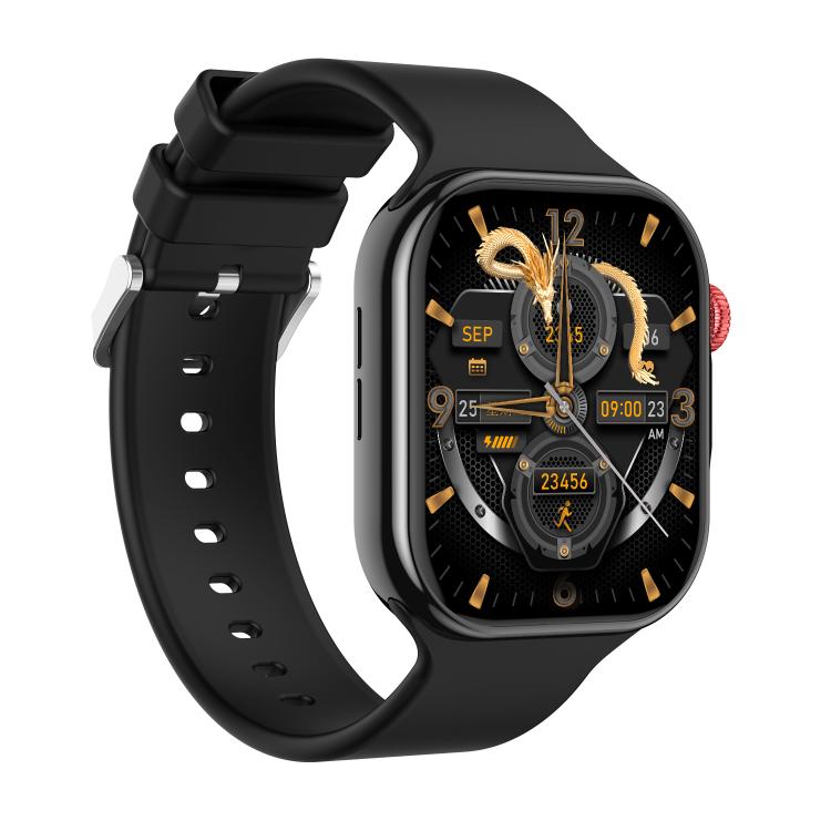 Angled view of black smartwatch with adjustable band and gold-accented dial