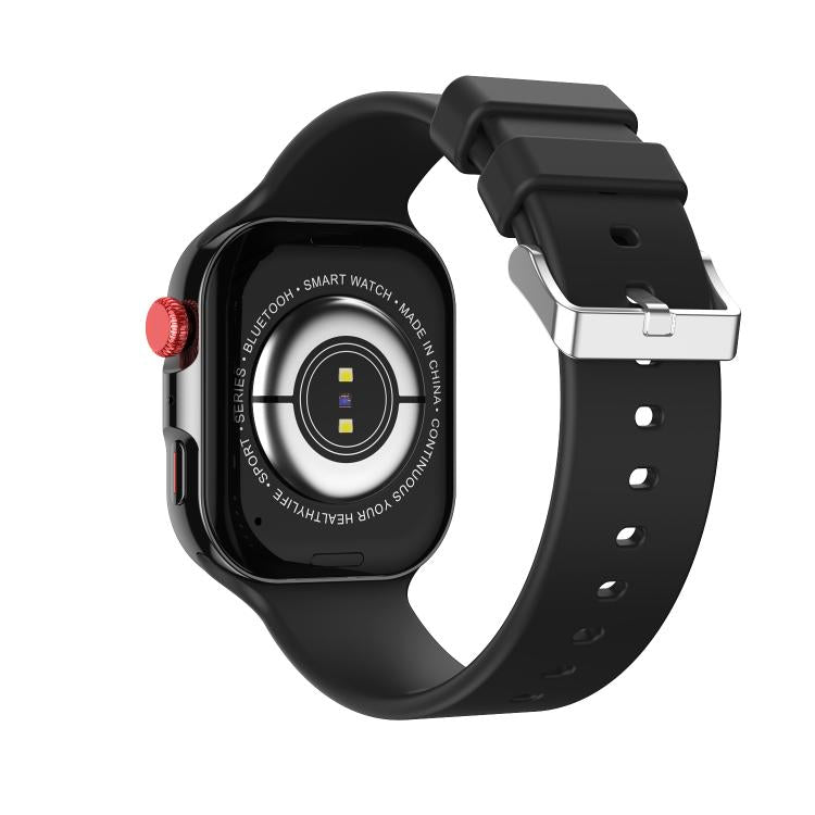 Back of black smartwatch showing optical sensor and adjustable band