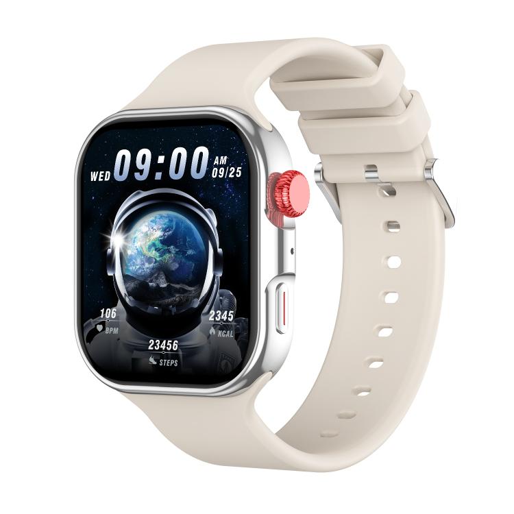 White smartwatch with silver case and fitness display
