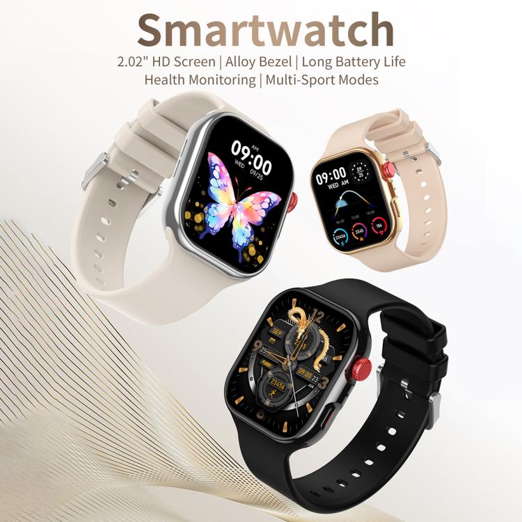 Smartwatches in white, cream, and black with colorful display faces