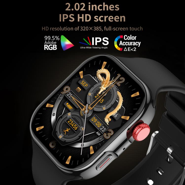 Close-up of black smartwatch with gold-accented dial and red side crown