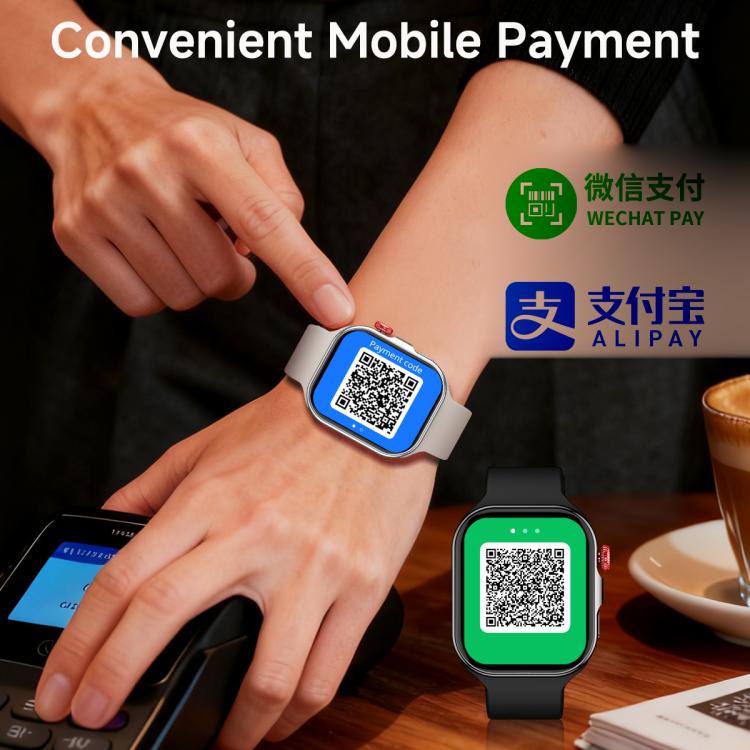 Smartwatch displaying a QR code for mobile payment on its screen