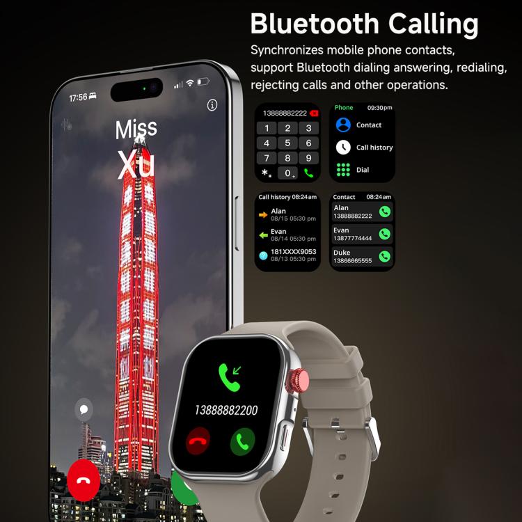 Silver smartwatch with gray band showing Bluetooth call controls