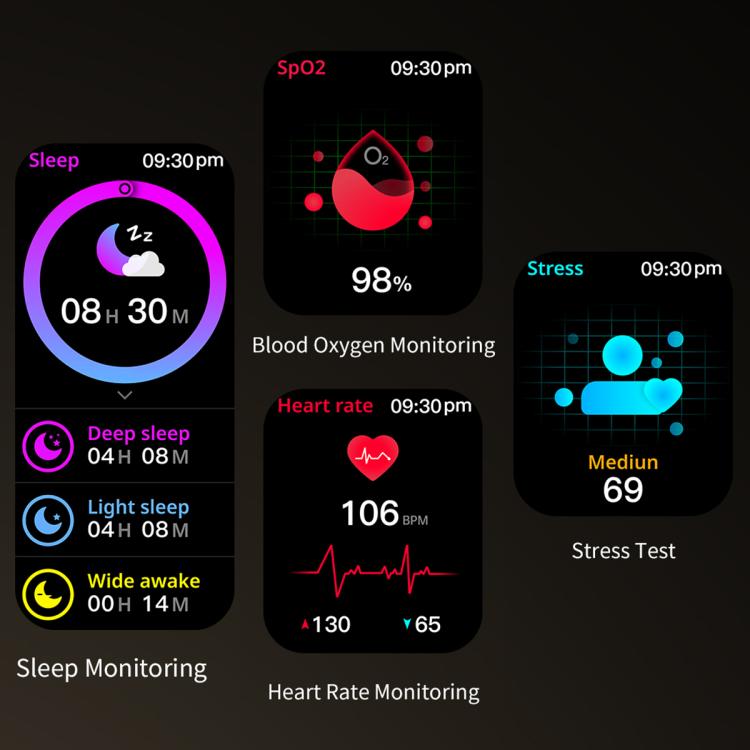 CY39 smartwatch health screens show sleep, blood oxygen, heart rate, and stress data.