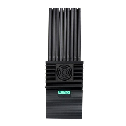 Black signal jammer device with tall antenna tubes, front fan grille, and display panel