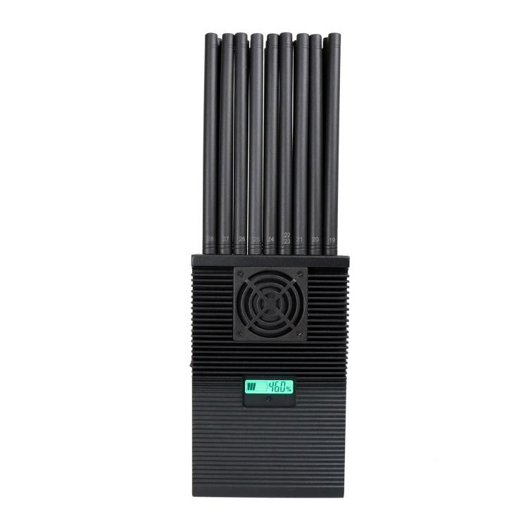 Black multi-band jammer device with stacked antenna tubes, front fan grill, and display