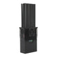Black jammer device with antenna tubes, vented sides, dual fan grilles, and LCD screen