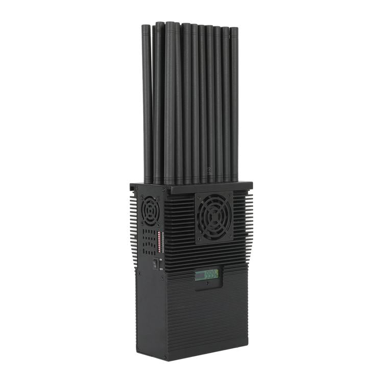 Black jammer device with antenna tubes, vented sides, dual fan grilles, and LCD screen