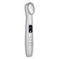 White hot compress eye massager with oval heating head and illuminated display.