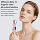 Pink hot compress eye massager held near the cheek with oval heating head.